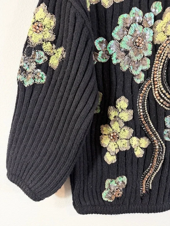 Zara Limited Edition Sequin Sweater Size S Black Ribbed Knit Beaded Floral - Picture 4 of 13